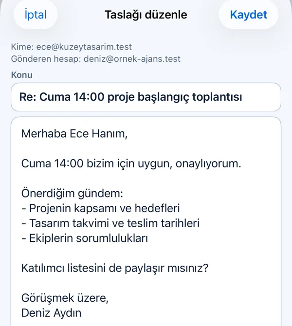 Taslağı düzenle ekranı, örnek hesap: konu ve yanıtın tamamı elle değiştirilebilir, Kaydet ile saklanır; alıcı ve gönderen hesap üstte görünür, burada değiştirilmez.