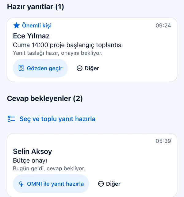 Mail ekranı, örnek hesap: Ece Yılmaz'ın Cuma 14:00 toplantı mailine yanıt taslağı hazır, onay bekliyor; altında cevap bekleyen iki mail.