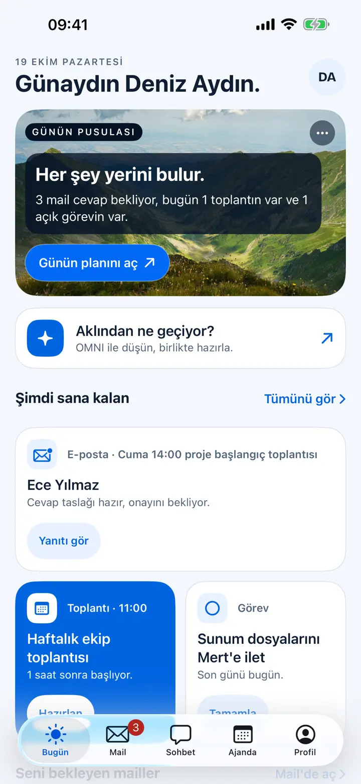 OMNI iPhone uygulamasında örnek hesapla Bugün ekranı: Günün pusulası kartı 3 mailin cevap beklediğini, bugün 1 toplantı ve 1 açık görev olduğunu söylüyor. Altta Bugün, Mail, Sohbet, Ajanda ve Profil sekmeleri.